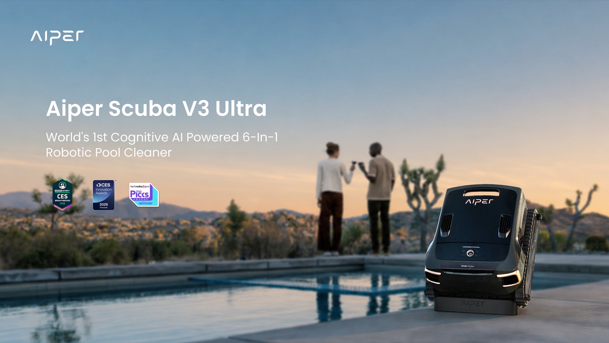 Aiper Scuba V3 Ultra na výrobním tiskovém snímku u bazénu